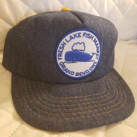 Vintage Blue  Denim Fresh Lake Fish Market Grand Bend ON Foam Inside Hat - Picture 1 of 6